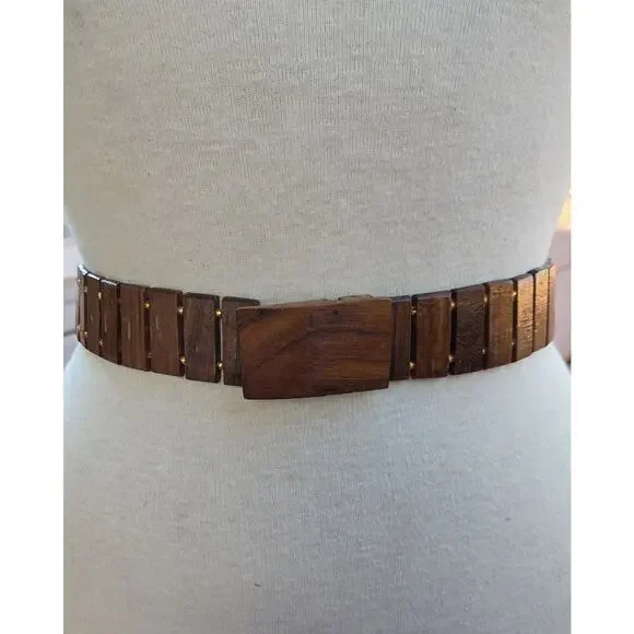 Wooden Link Belt Boho Minimalist Coastal Resort Waist Belt Gold Beaded One Size - Picture 4 of 7